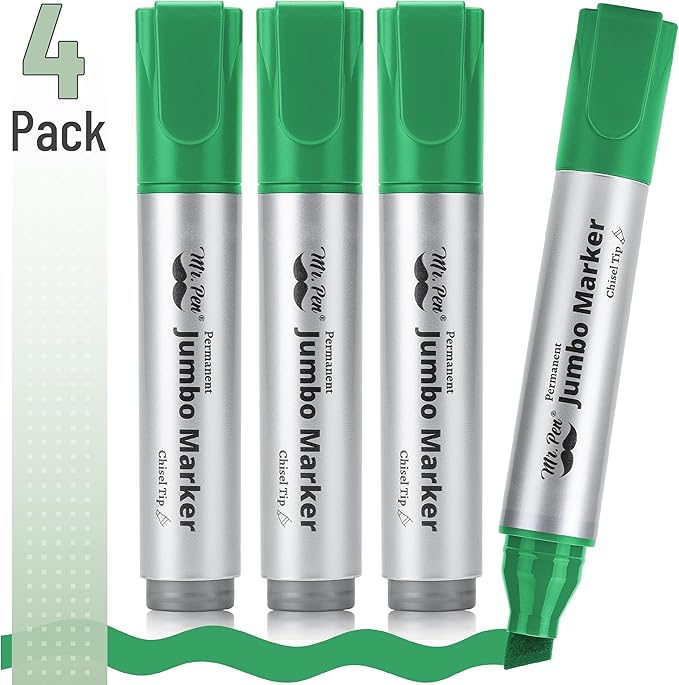 Mr. Pen- Jumbo Permanent Markers, 4 Pack, Green, Chisel Tip, Large, Huge Poster Markers