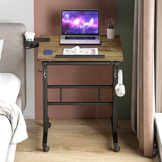Klvied Rolling Mobile Desk with Cup Holder, Portable, Adjustable Height Small Stand up Desk on Wheels for Home Office Laptop Cart, Computer, Standing or Sitting,Oak