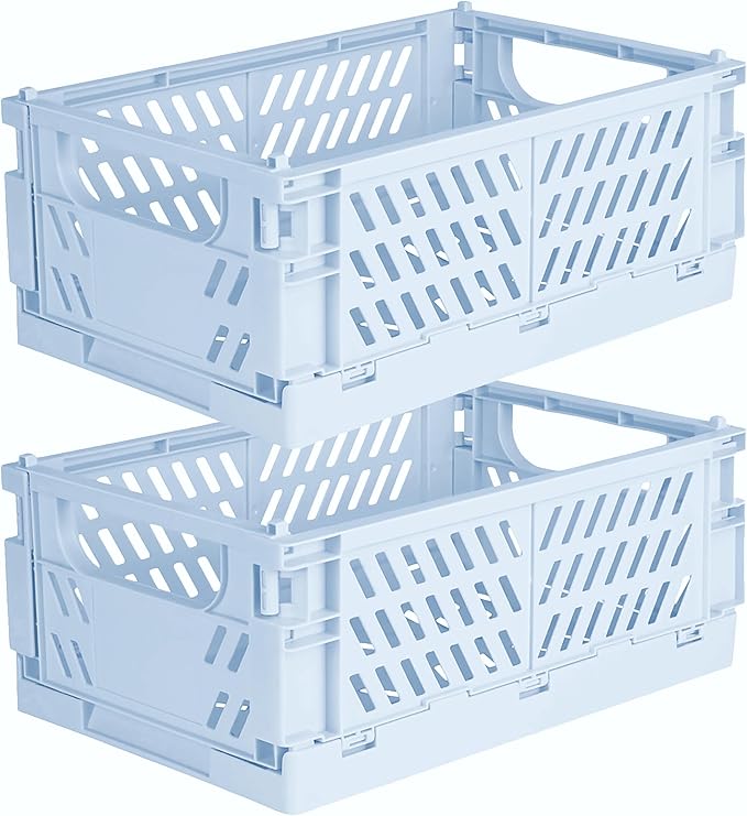 Tixill 2-Pack Mini Foldable Plastic Storage Box Mini Plastic Baskets for Organizing and Storage for Home Kitchen Bedroom Bathroom Office. (Blue, 16x11x6)