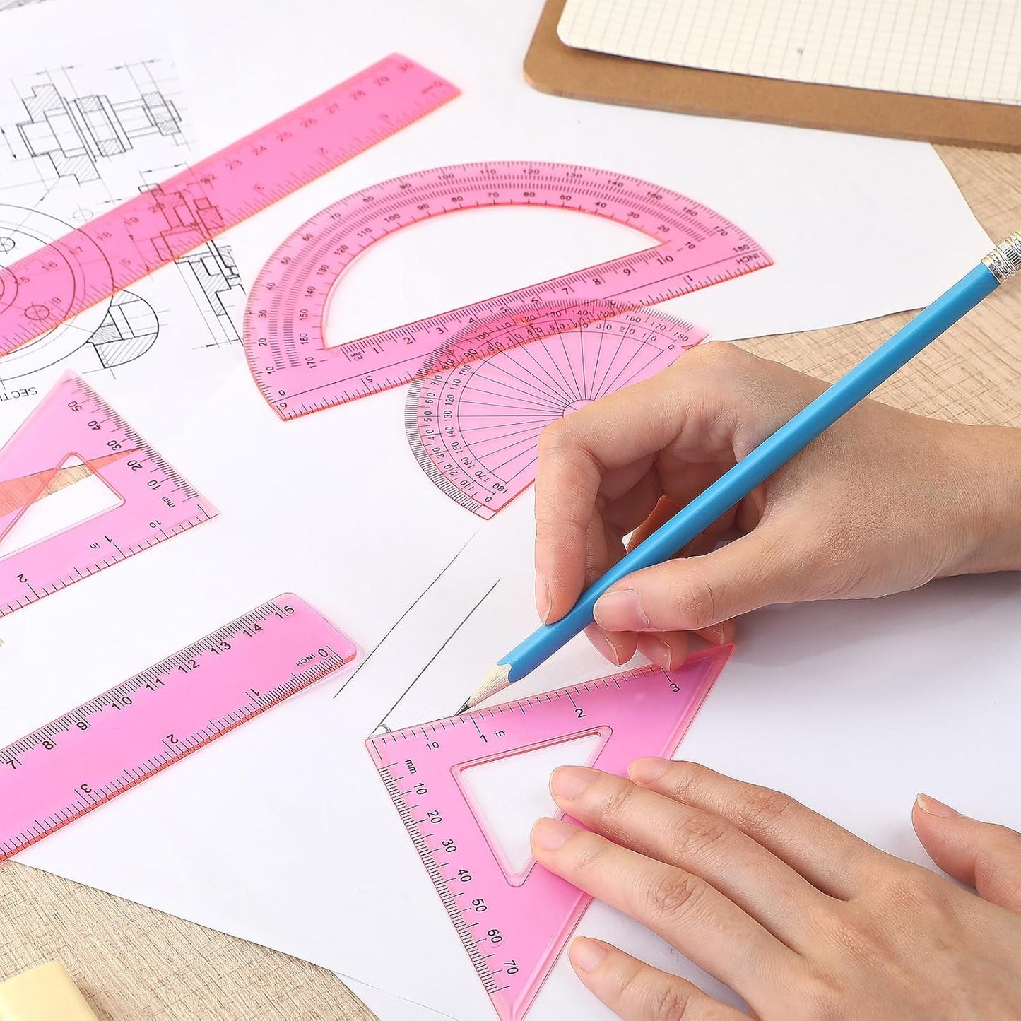 Zonon 1 Set Plastic Geometry Math Set Includes Drawing Compass, 6 Inch 4 Inch Protractor, 45/60 Degree Triangle Rulers 12 Inch 6 Inch Math Ruler Transparent for Office Supplies (Pink)