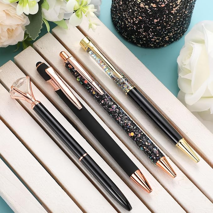 Sabary 8 Pcs Ballpoint Pens with Pen Holder for Desk Metal Crystal Diamond Pen Glitter Pencil Holder Fancy Pens Black Ink Bling Desk Organizer for Women Girls Office School Wedding Gifts (Black)