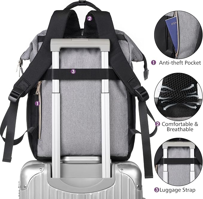 MOMUVO Laptop Backpack for Women Laptop Bag with USB Port, Student Bookbag Water Resistant Backpacks Teacher Doctor Nurse Work Backpack Stylish Travel Bags, Fits 17-Inch Laptop Grey Black