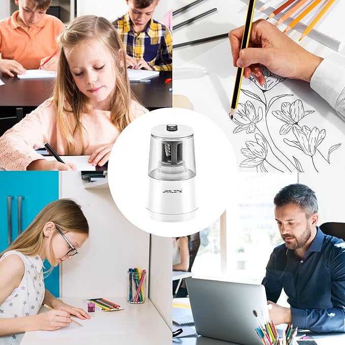 JARLINK Electric Pencil Sharpener, Heavy-Duty Helical Blade to Fast Sharpen, Auto Stop for No.2/Colored Pencils(6-8mm), USB/Battery Operated in School Classroom/Office/Home (White)
