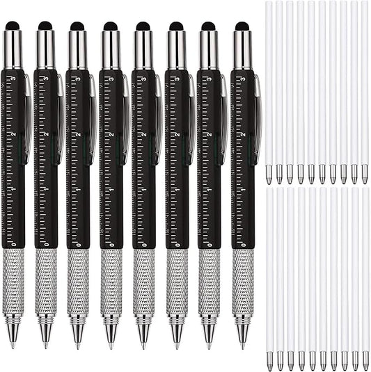 Zhanmai 8 Pcs Gift Pen for Men 6 in 1 Multitool Tool Pen with Refills Screwdriver, Ruler, Levelgauge,Fathers Christmas Graduation party Supplies(Black)