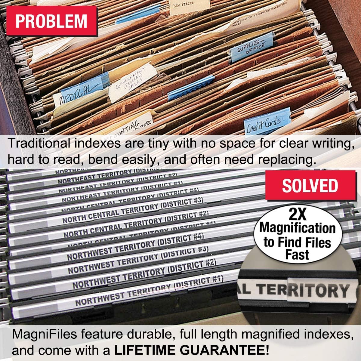 Ultimate Office MagniFile Insertable Hanging File Folder Tabs. Indexes That Double The Size of Your File Titles to Find Files Fast! (Set of 20), Black