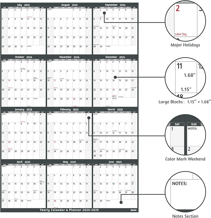Yearly Wall Calendar 2024-2025 - Large Yearly Calendar Vetical, Jul 2024 - Jun 2025, 25.2" x 38.2" (Open), 2024-2025 Calendar, Large Wall Calendar, Full Year Paper Calendar with Notes, Thicker Paper
