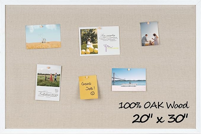 Fun Memories Cork Board Bulletin Board for Office, 20" x 30" Oak Wooden Framed Corkboard, Wall Mounted Notice Pin Board for School Home & Office, White