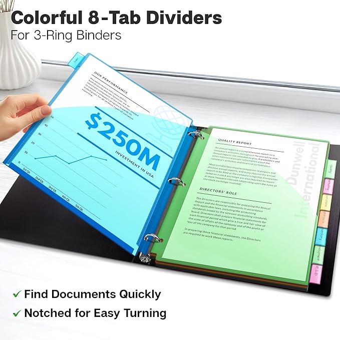 Dunwell 2-Pocket 8-Tab Divider Pockets, (1 Set, 8 Count), 5 Colors, Plastic 8 Subject Notebook Tab Dividers for 3-Ring Binders, Includes Label Inserts, Durable Acid-Free Poly