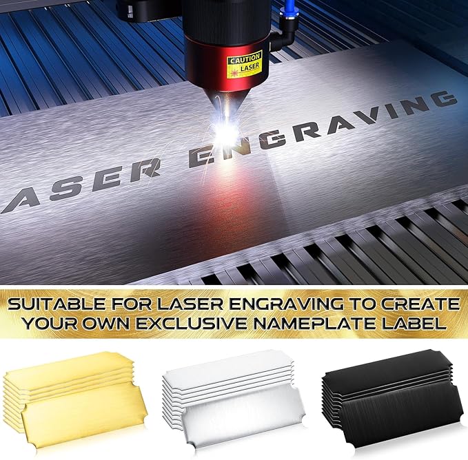 Therwen 30 Pcs Name Plates Laser Engraved Brushed Stainless Steel Plate Personalized Plaque Blank Custom Name Tag Frame Label with Adhesive Backing(Gold, Silver and Black Notched Corner,1''x 3'')