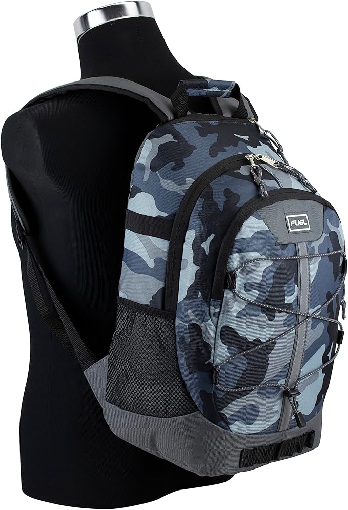 FUEL Hiking Backpack for Women Men Terra Sport, Travel, College, Gym, Work with Laptop Sleeve, Bungee, 18 Inches, Midnight Camo