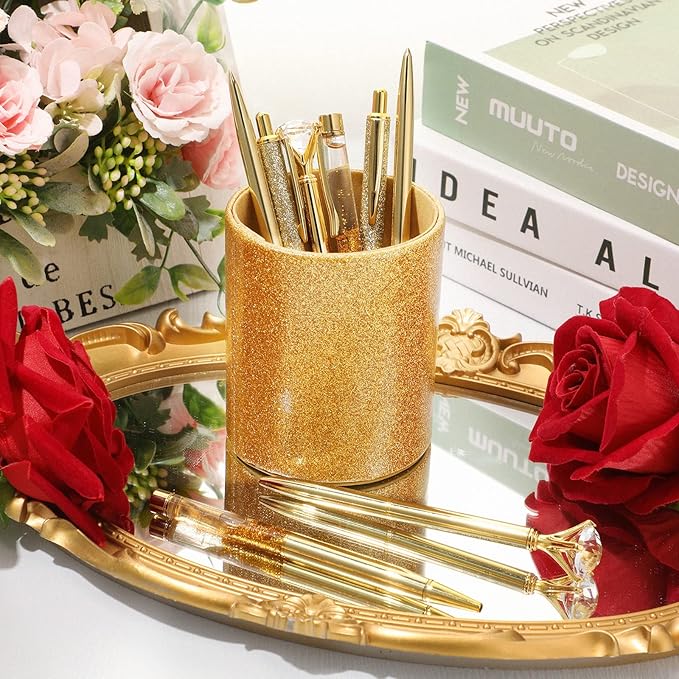 Sabary 8 Pcs Ballpoint Pens with Pen Holder for Desk Glitter Crystal Diamond Fancy Pencil Holder Bling Desk Organizer Cute Stationery Supplies for Women Girls Wedding Office School Gifts(Gold)