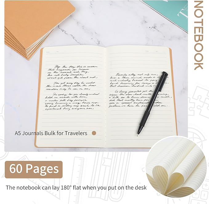 miikoul 72 Pack A5 Kraft Paper Notebook Lined Journal Bulk, 8.3 x 5.5 Inch, 60 Pages/30 Sheets, 80GSM, Travel Notebook Notepad for Adult, Students, Gift, School, Office Supplies