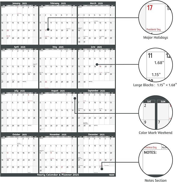 Yearly Wall Calendar 2025 - Large Yearly Calendar 2025 Vetical, Jan 2025 - Dec 2025, 25.2" x 38.2" (Open), 2025 Calendar, Large Wall Calendar 2025, Full Year Paper Calendar with Notes, Thicker Paper