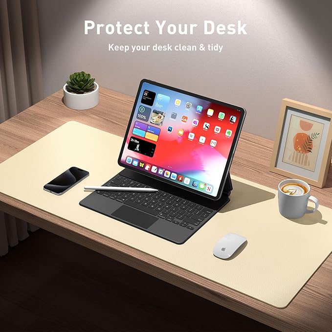 Aothia Leather Desk Pad Protector, Mouse Pad, Office Desk Mat, Non-Slip PU Leather Desk Blotter, Laptop Desk Pad, Waterproof Desk Writing Pad for Office and Home (23.6" x 13.7", Soft Yellow)