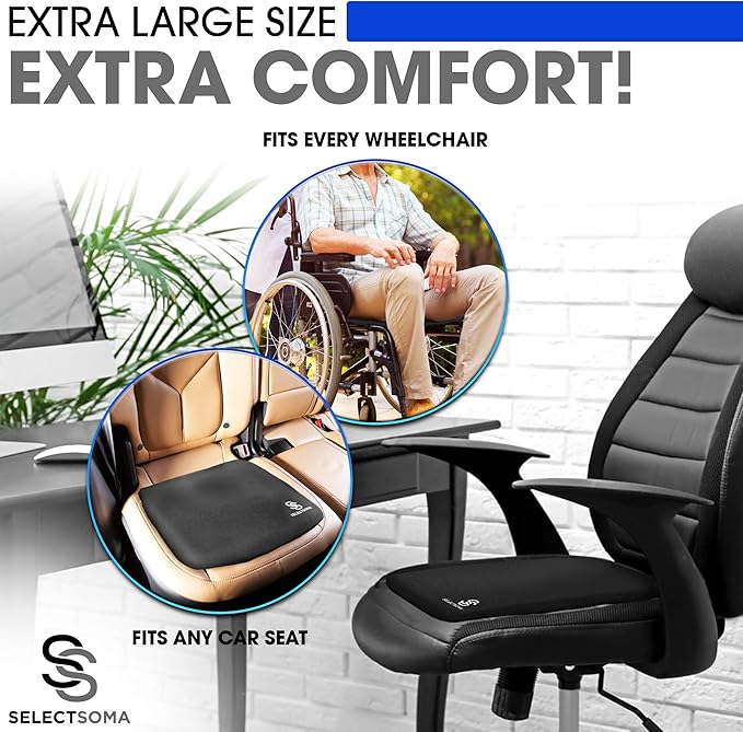 SelectSoma Large Gel Seat Cushion for Desk Chair - Pressure Relief for Back, Sciatica, Coccyx, and Tailbone Pain While Long Sitting – Wheelchair Cushion - Chair Pad for Cars and Trucks