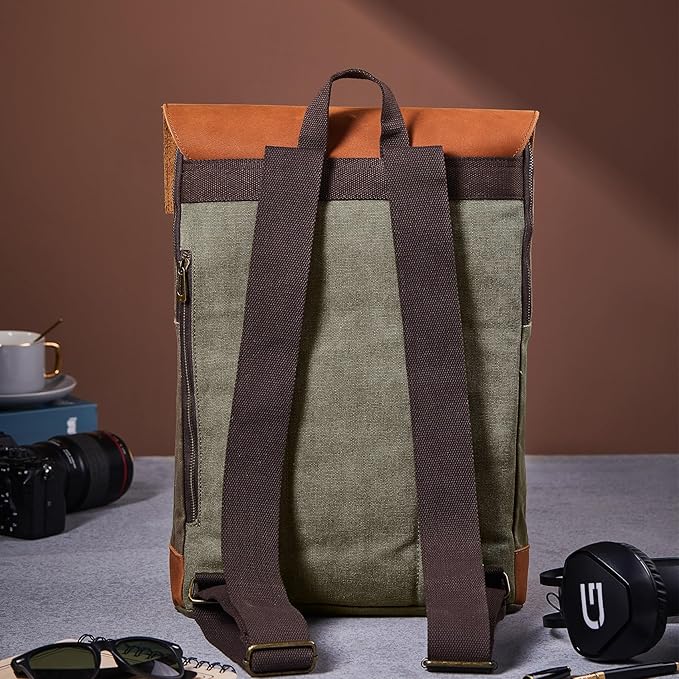 Vintage Waterproof Waxed Canvas Leather Backpack for Men Women 15.6" laptop Travel Rucksack