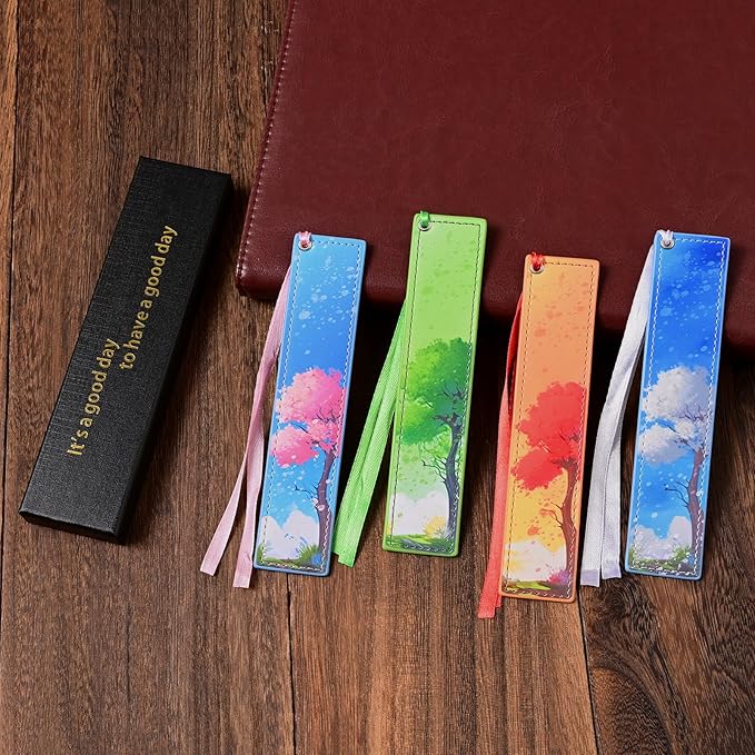ZQZYMXQ 4Pcs Leather Cute Bookmarks for Women Girls, Aesthetic Pretty Bookmarks Four Season Tree Book Lover Gifts Teacher Gifts (Season Tree)