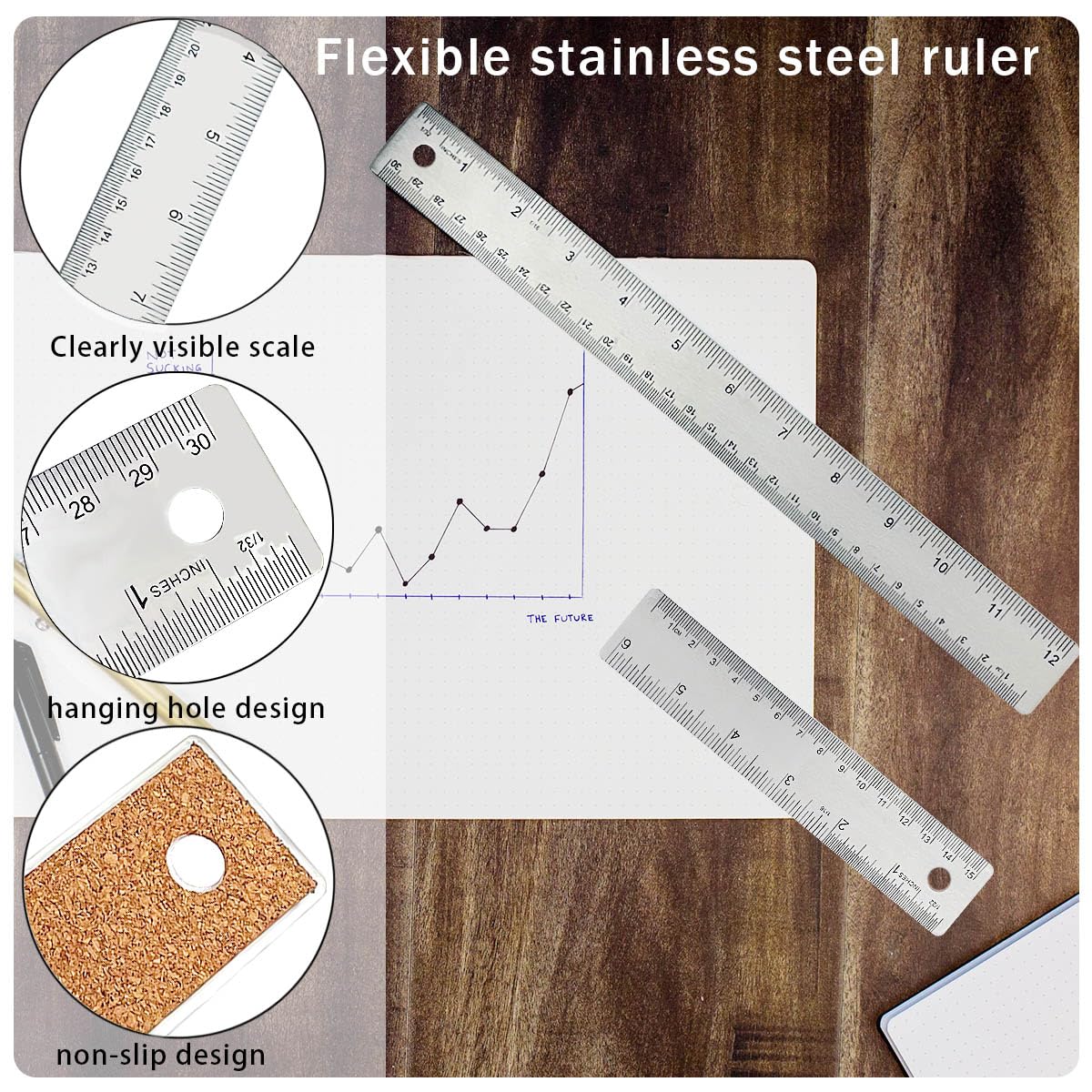 12 Inch Metal Ruler Stainless Steel Metal Ruler with Cork Backing, Non-Slip Rulers with Inch and Centimeters, Straight Edge Cork Base Rulers for Student School Office Drafting Tools
