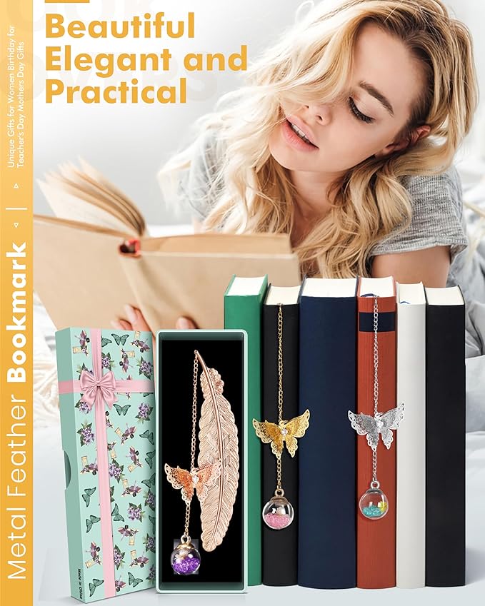 Bookmarks Christmas Stocking Stuffer for Women, Teacher Gifts Cute Metal Feather Bookmark Butterfly Unique Birthday Holiday Reading Gifts for Mom Wife Daughter Teen Girls Book Lovers Reader Coworker