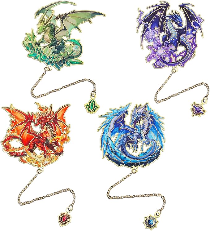 Fantasy Fourth Wings Dragon Bookmarks -4 Designs: Fire Red,Ice Blue,Thunder Purple,Forest Green-Unique Cool Metal Book Marks for Men Women, Inspirational Gift for Kid, Readers, Book Lovers, Collectors