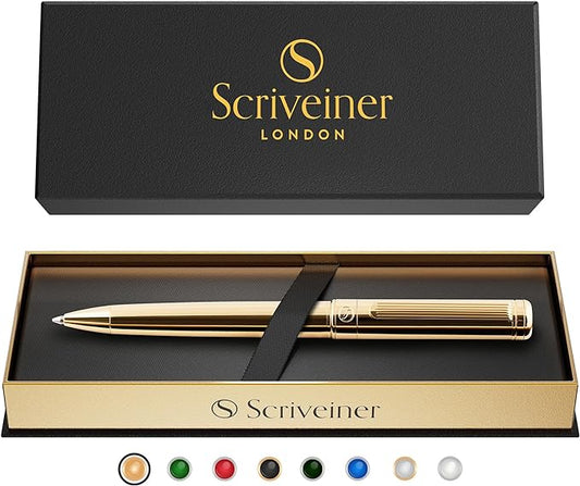 Scriveiner Gold Ballpoint Pen - Stunning Luxury Pen with 24K Gold Finish, Schmidt Black Refill, Best Ball Pen Gift Set for Men & Women, Professional Executive Office, Nice Fancy Designer Pens