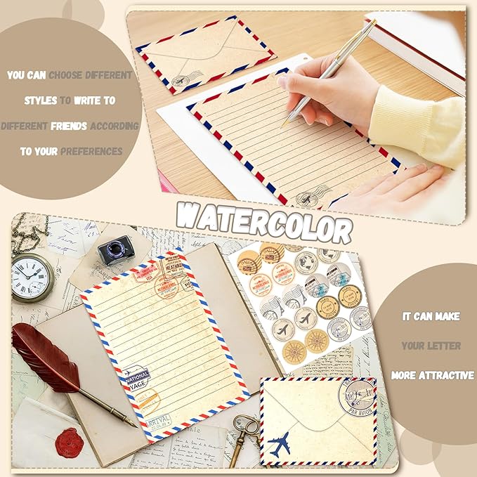 TaoBary 160 Packs Stationery Paper Set (50 Double Sided Stationery Writing Papers 50 Matching Envelopes) 60 Round Dot Sticker, 10 Design(Vintage Travel,8.5 x 11 Inch)