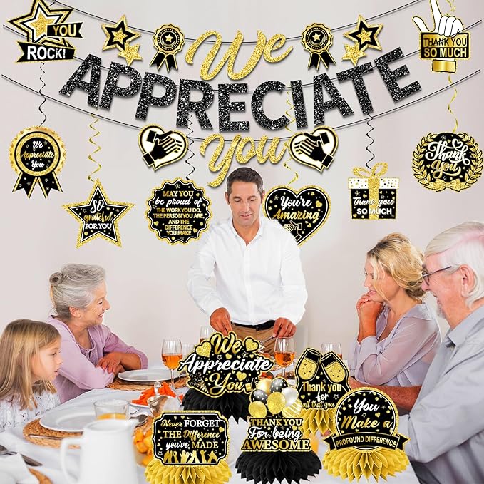 We Appreciate You Decorations, Black Gold Thank You Decorations includes We Appreciate You Banner and Employee Appreciation Table Decorations and Hanging Swirls for Pastor Appreciation Decorations