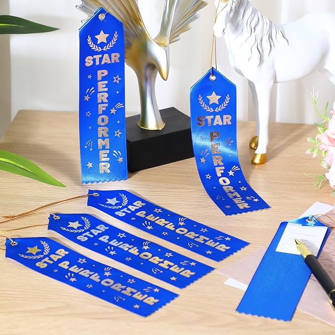 50 Pcs Star Performer Award Ribbons 8 x 2 Inches Blue Performer Ribbons with Cards and Strings Performance Prizes Bookmark Style Awards for Stage Competitions Class Activities