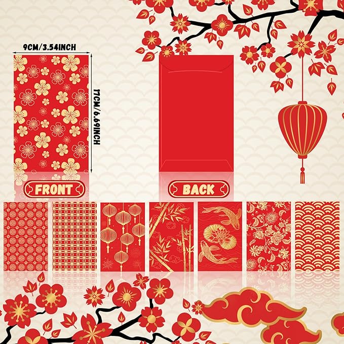 64 Pcs Red Envelopes Chinese New Year 2024 Lucky Money Envelopes Hong Bao Red Pocket Envelope for Money Year of the Dragon 2024 Gifts for Spring Festival Wedding Birthday