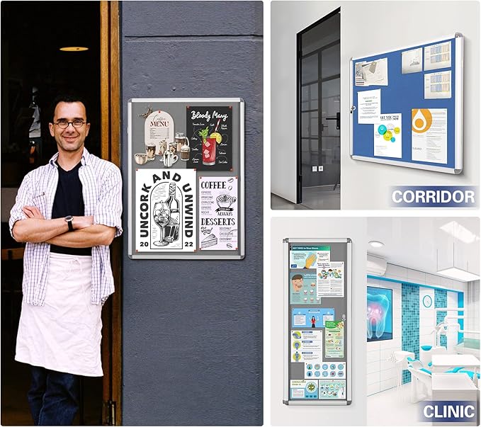 SWANCROWN Enclosed Noticeboard Grey Frabric Bulletin Boards Lockable Display Case Tamperproof with Keys Pins,38x14inch