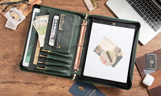 AZXCG Padfolio for Men, Leather Document Organizer with 3 Ring Binders, Legal Pad Resume Holder, Work Binder Folder, Zip Binders 3 Ring, Green, Gift for Men/Son