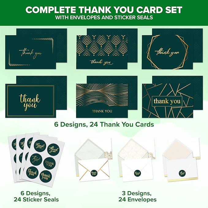 Decorably 24 Gold-Foiled Pack 6x4in Thank You Cards Green with Envelopes and Stickers, 6 Elegant Designs Thank You Cards with Envelopes Green, Blank Inside - Wedding, Holidays