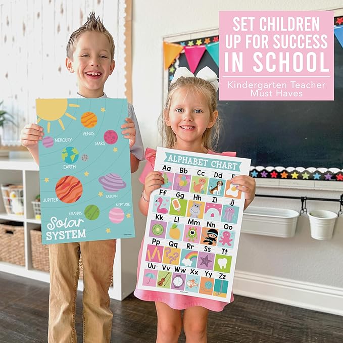Hadley Designs 16 Educational Posters for Classroom & Kindergarten, Kindergarten Classroom Must Haves, Laminated PreK Learning Chart Materials US & World Map, ABC Alphabet, Shapes, Days of the Week