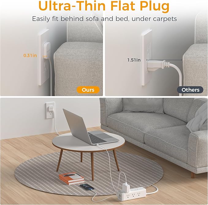 Surge Protector Power Strip with USB, TESSAN Ultra Thin Flat Plug 6 FT Extension Cord with 9 Outlets 3 USB(1 USB C), 1050 J Surge Protector Charging Station for Indoor,Office, Dorm Room Essentials