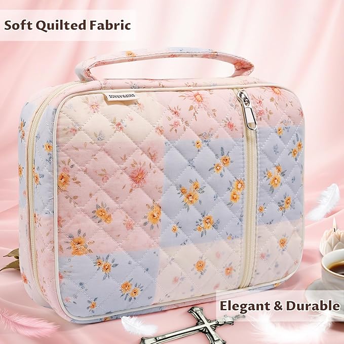 shirabags Quilted Bible Cover Case for Women - Elegant Cotton Bible Bag for Study, Church, Christian Gifts for Women (Blue pin, M)