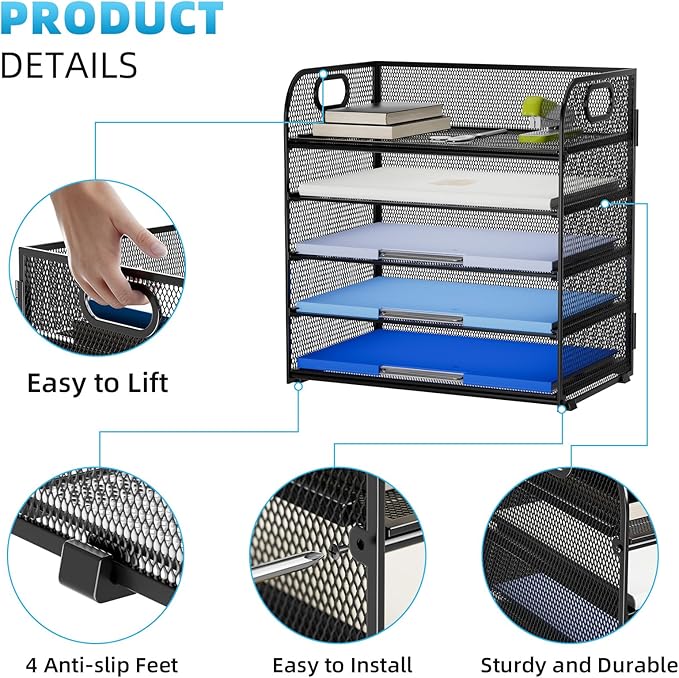 Marbrasse 2 Pack Desk Organizer with Handle, 5 Tier Paper Organizer Letter Tray Organizer, Mesh Desk File Organizer for Office, School and Home