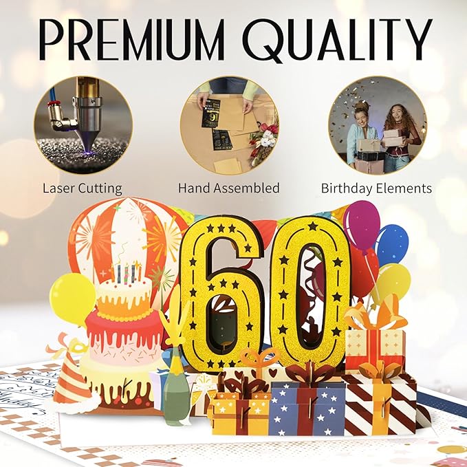 Funny 60th Birthday Card for Women Men, 3D Pop Up 60th Birthday Decorations for Her Him, Happy 60th Birthday Gifts for Mom Dad, Jumbo 60 Year Old Birthday Card, Classy (8''x10'')