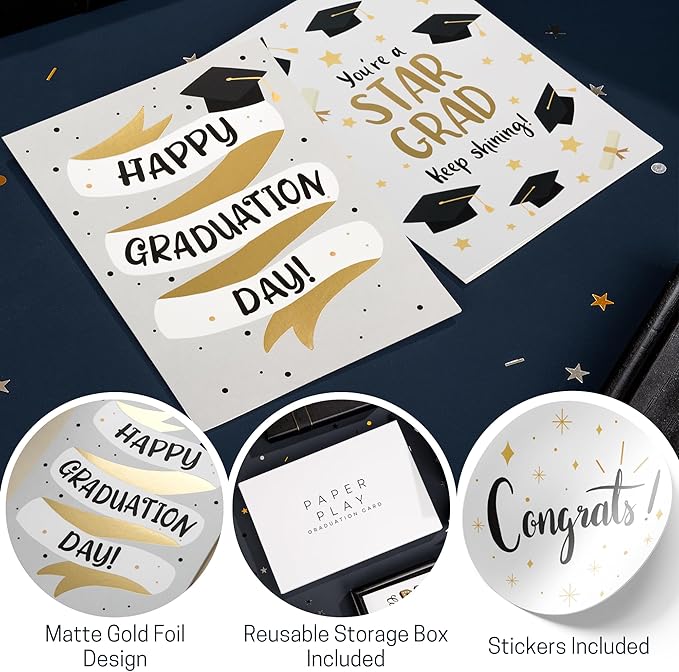 Graduation Cards 2024-20 Pack Matte Gold Foil Congratulations Cards, 7x5 Inches Bulk Greeting Cards with Envelopes and Stickers - College & High School Graduation