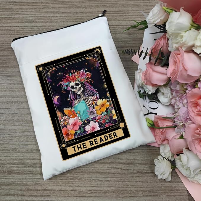 Book Sleeve, Book Sleeve with Zipper, Book Sleeve for Book Lovers, The Reader Tarot Card Book Sleeves, Book Pouch Kindle Protector, Gifts for Women Teacher Librarian Bookworm Bookish (White-A, Large)