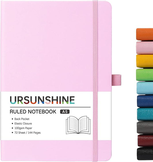 Ruled Notebook/Journal - Classic Lined Journal/Notebook, Hardcover with Thick Paper, 5.7" x 8.4", Banded + Pen Holder +Inner Pocket - Pink