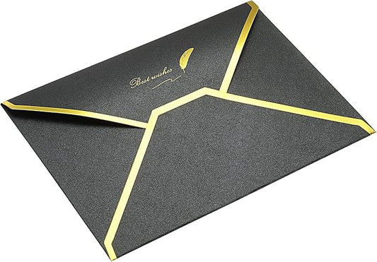 PATIKIL V Flap Envelopes, 10 Pack 7 x 5'' Luxury Style Gold Border Greeting Card Envelope for Invitations Weddings, Black