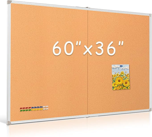DOLLAR BOSS Foldable Cork Board, 60 x 36 Inch Corkboard, Extra Large Bulletin Board, Portable Double sided Aluminum Frame Wall Mounted Pin Board for Office School Supplies Dorm Decor with 20 Push Pins