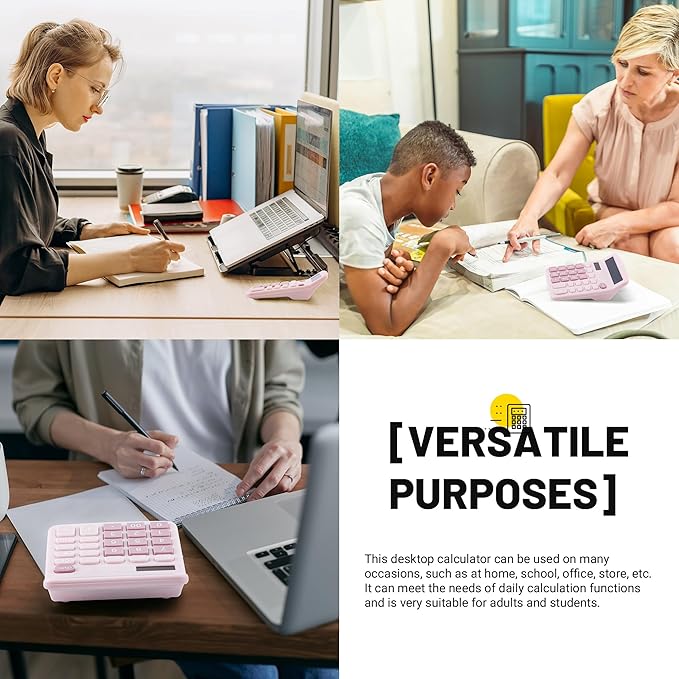 Golcellia Calculators Desktop, Pink Calculator, Cute Calculator 12 Digit Desk Calculator Large Display, Dual Power Solar Battery, Office Home School Supplies for Adults & Students