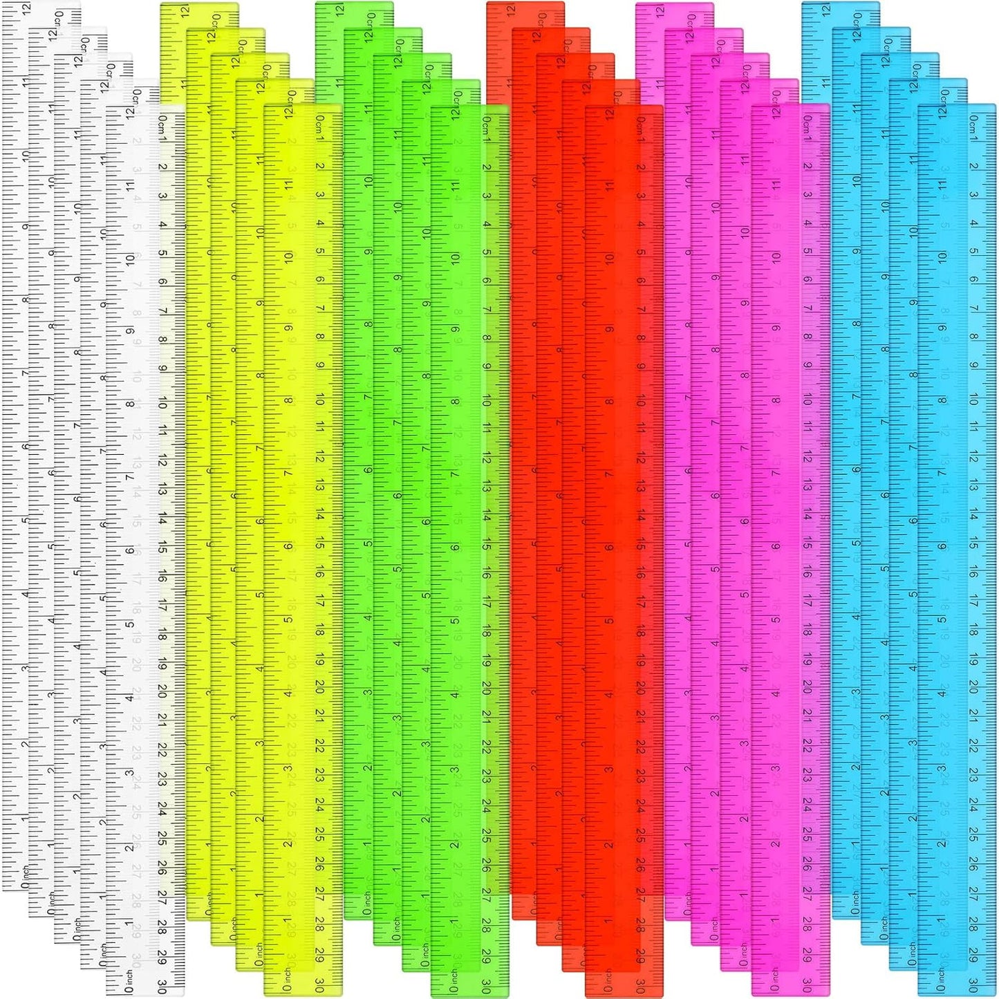 Zonon 30 Pcs 12 Inch Plastic Ruler Assorted Colors Ruler Bulk with Centimeters Millimeter and Inches Rulers First Day of School Gift for Kids School Classroom Office Supplies(Bright Color,Plastic)