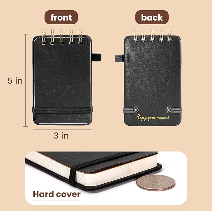 Yoment Small Notebooks 3x5 Leather Pocket Notepad 150 Pages Mini Top Spiral Notebook, 100 GSM Thick Paper, Memo Note Pads for Work School Nursing, Black