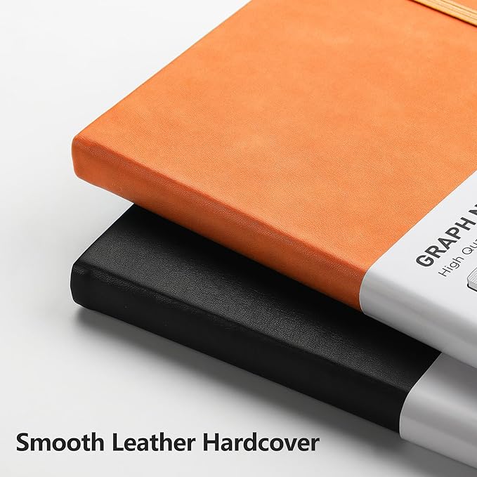 RETTACY Graph Paper Notebook, A5 Grid Notebook Journal with 192 Pages, 5.7'' × 8.3'', Medium Size, Leather Hardcover, 100 GSM Thick Paper, for Students, Homework, Math, Engineering (Orange)