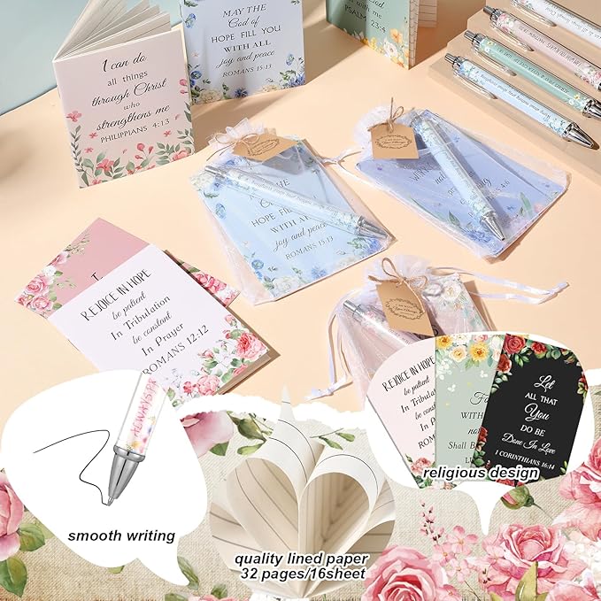 200 Pcs Bible Verse Sets Church Christian Gift Include 50 Scripture Notebooks 50 Bible Bamboo Pens 50 Thanks Tags 50 Organza Bags for Women Man Christian Party Gifts(Cute Color,Flower)