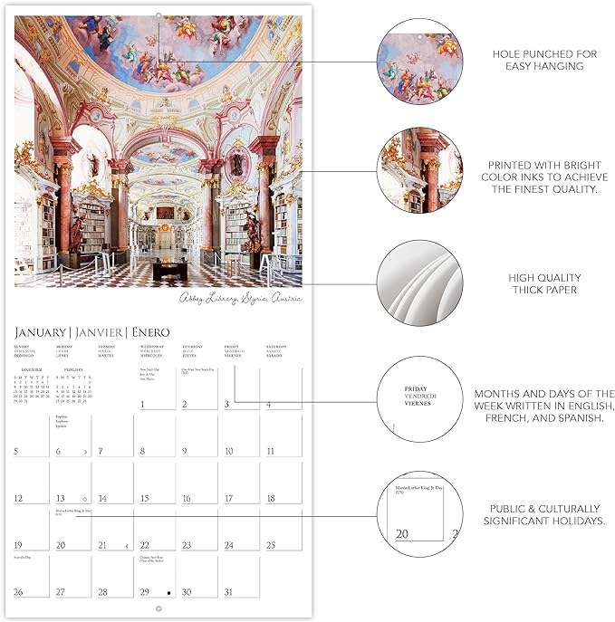 Graphique 2025 Libraries Wall Calendar | 12” x 12” | Thick Paper | Home & Office Organizer | Large Monthly Grid | 3 Languages & Marked Holidays | 4 Month Preview Page for 2026
