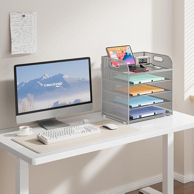 5 Tier Paper Organizer with Handle, Metal Mesh Desk Organizer File Folder Organizer Paper Letter Tray Desktop Document Sorter for Classroom, School, Office Organization and Storage - Silver