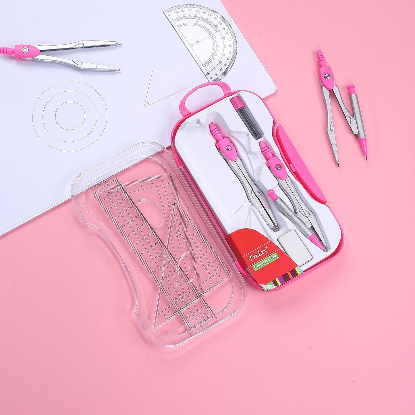 Lifreer Geometry Set,10 Pcs Protractor and Compass Set, Math and Ruler Set for Students, Class Supplies, and School - Essential Compass Geometry Tools for Precision and Quality (RED)